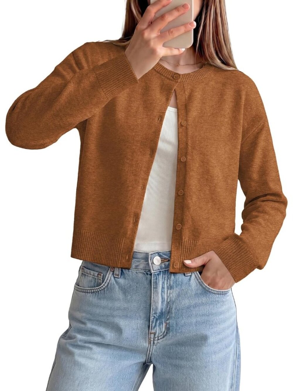 🆕Women's Brown Cropped Knit Cardigan Sweater Crew Neck Button Front Jacket